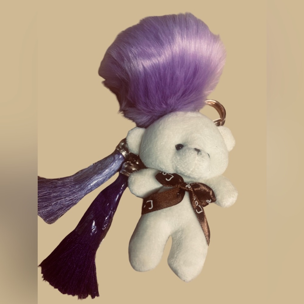 Purple and White Teddy Bear Golden Keychain